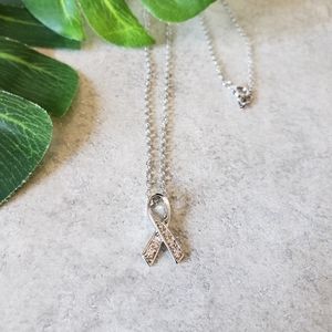 Silver Breast Cancer Ribbon Pendant Link Chain Necklace